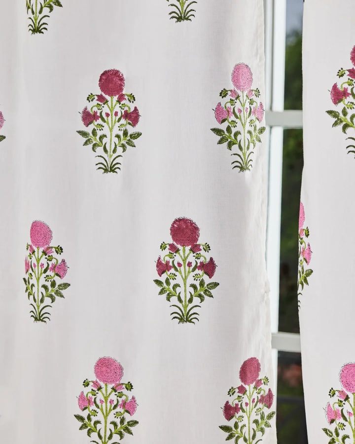 White & Pink Hand Block Printed Linen Curtains | Floral Design