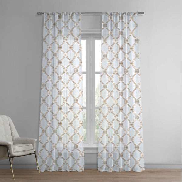 White Green & Orange Linen Sheer Curtains | Ogee Trellis Embroidery