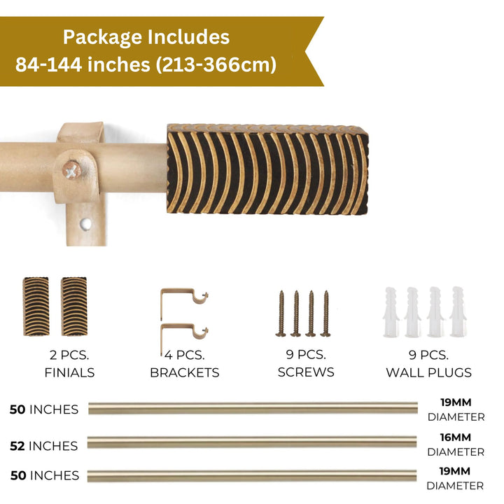 Extendable Curtain Rod Beige with Wooden Finials | 24-144 Inch | Adjustable Pole Set with Brackets, Screws & Plugs | Strong 25kg Capacity 84-144 inches (213-366cm)