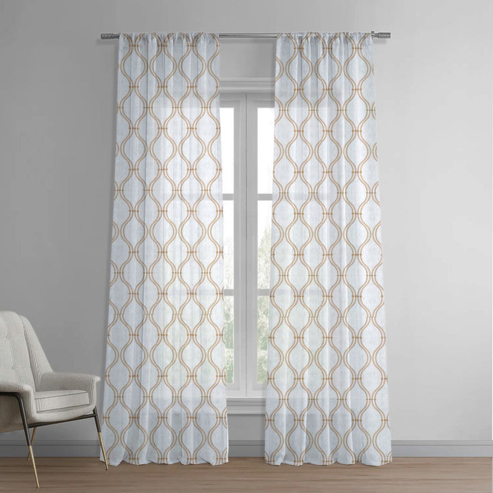White & Beige Linen Sheer Curtains | Ogee Trellis Embroidery | Custom Sizes & Headings