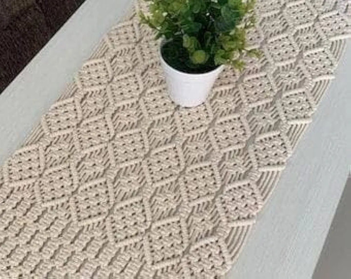 Handmade Cotton Macrame Table Runner | Natural Beige Diamond Pattern Boho Runner | 14x72" (36x183cm)