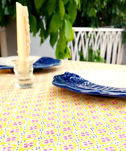 Yellow Floral Print Tablecloth | GOTS Certified Organic Cotton | Various Sizes