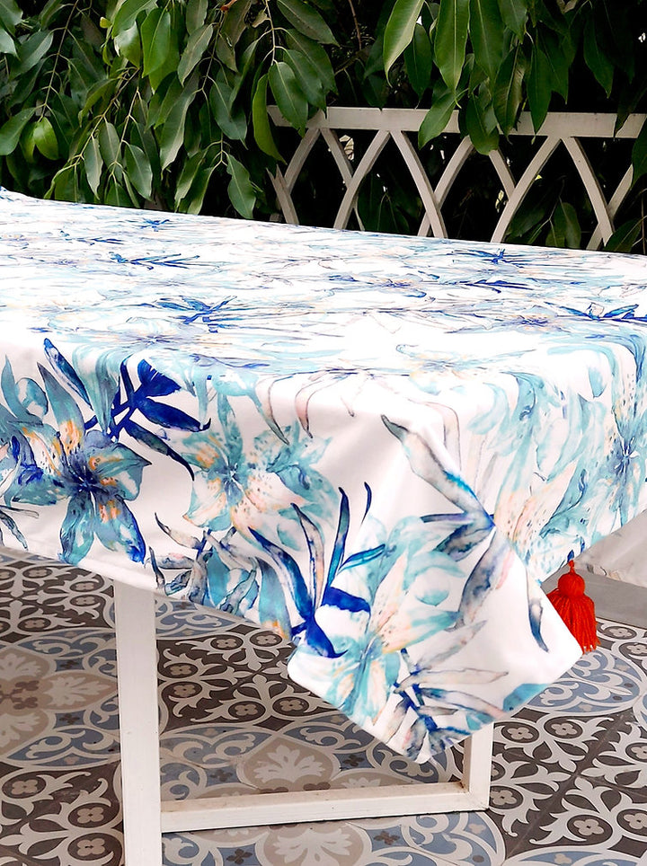 Blue Lily Print Tablecloth | GOTS Certified Organic Cotton | Various Sizes