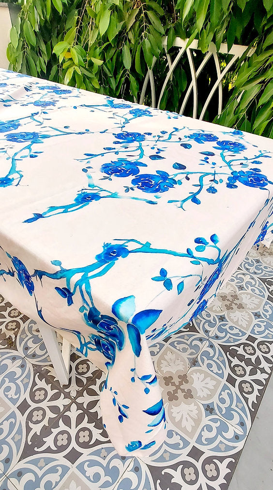 White & Blue Rose Tablecloth | GOTS Certified Organic Cotton | Various Sizes