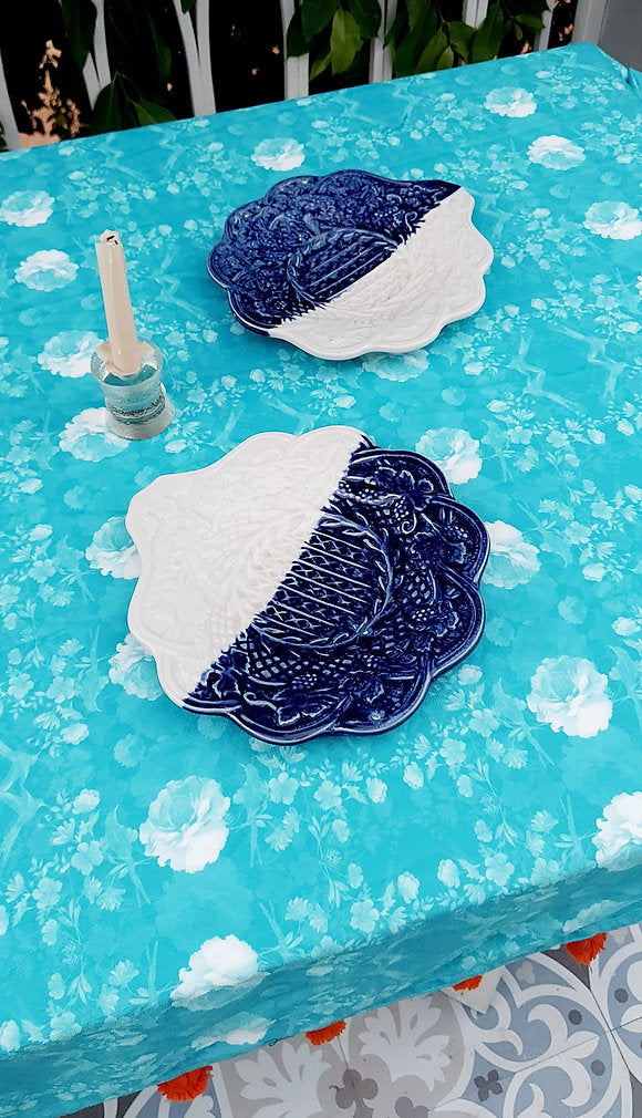 Turquoise Floral Pom-Pom Tablecloth | GOTS Certified Organic Cotton | Various Sizes