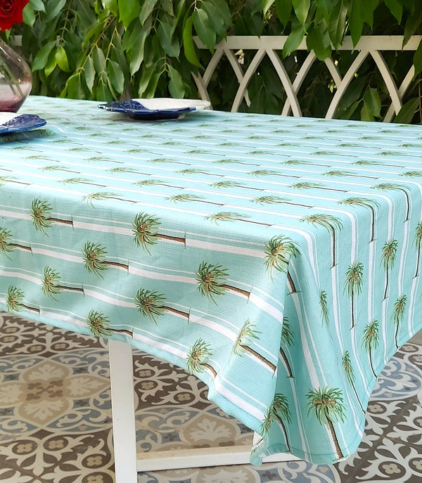 Aqua Palm Tree Print Tablecloth | GOTS Certified Organic Cotton | Various Sizes