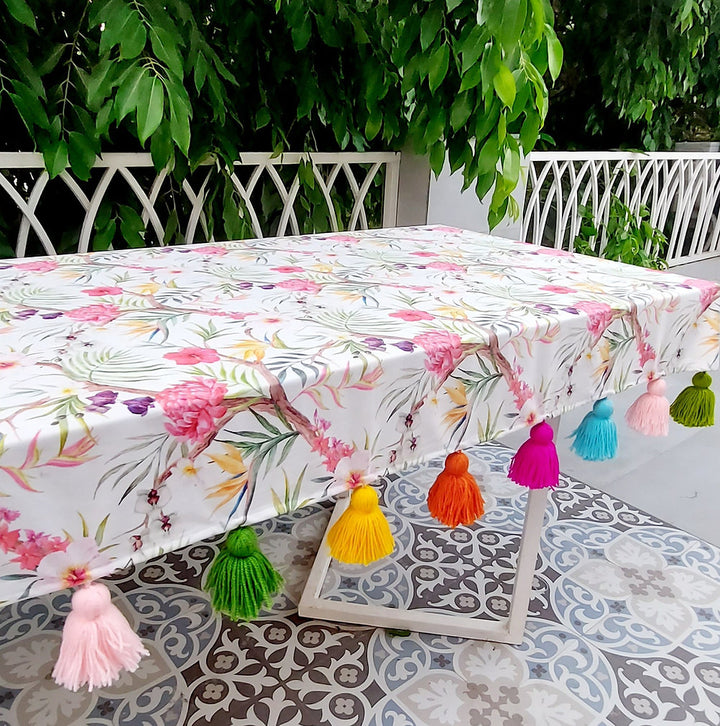 Tropical Floral Print Tablecloth | GOTS Certified Organic Cotton | Various Sizes