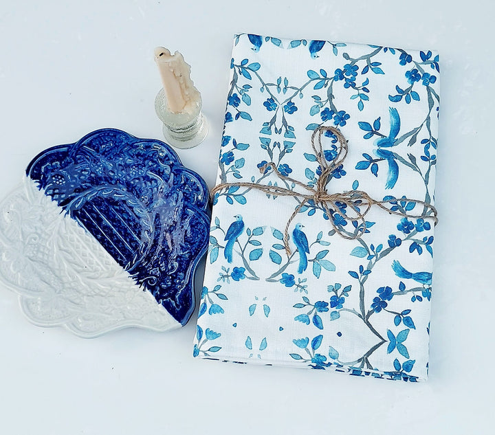 Blue Bird & Branch Print Tablecloth | GOTS Certified Organic Cotton | Various Sizes