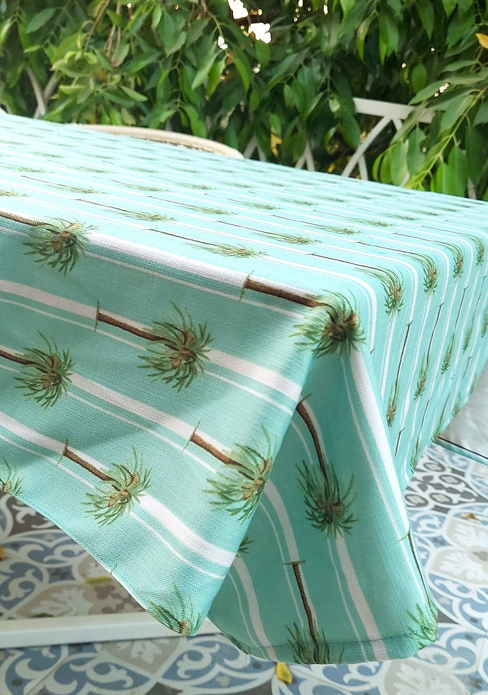 Aqua Palm Tree Print Tablecloth | GOTS Certified Organic Cotton | Various Sizes