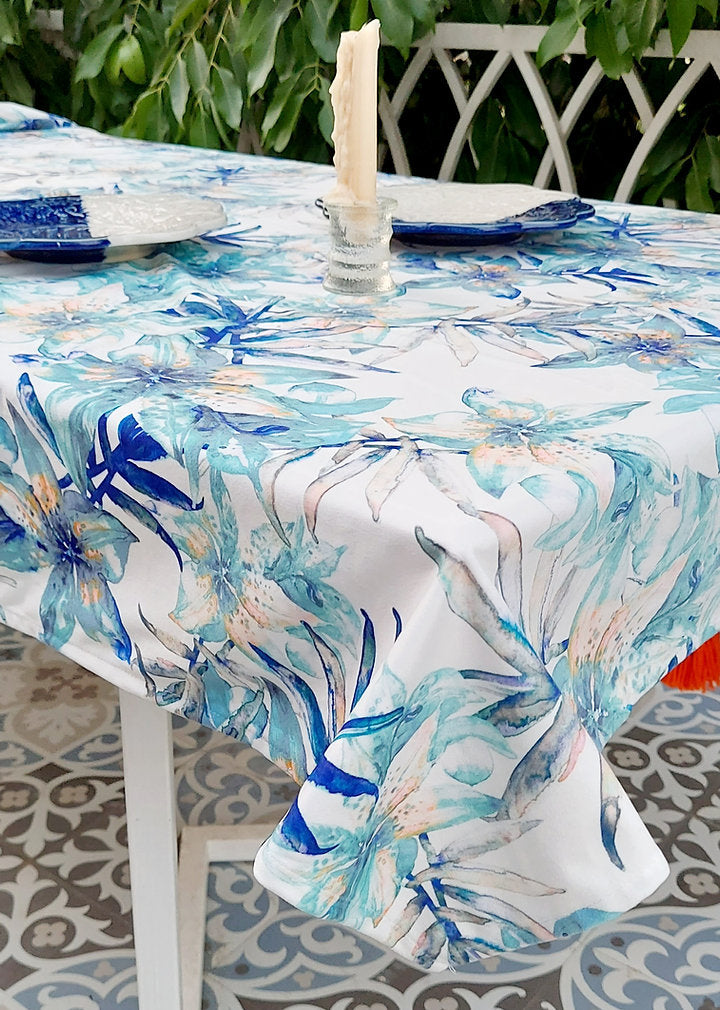 Blue Lily Print Tablecloth | GOTS Certified Organic Cotton | Various Sizes