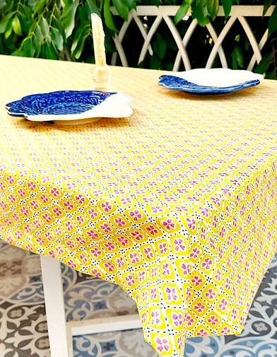 Yellow Floral Print Tablecloth | GOTS Certified Organic Cotton | Various Sizes