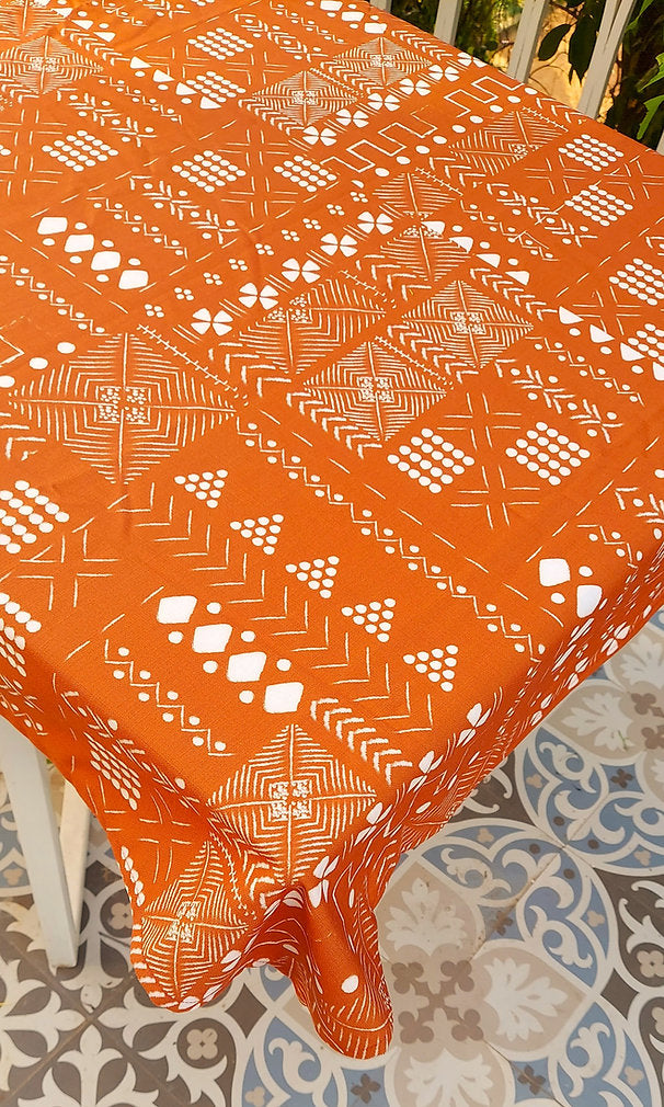 Rust Orange Geometric Pattern Tablecloth | GOTS Certified Organic Cotton | Various Sizes