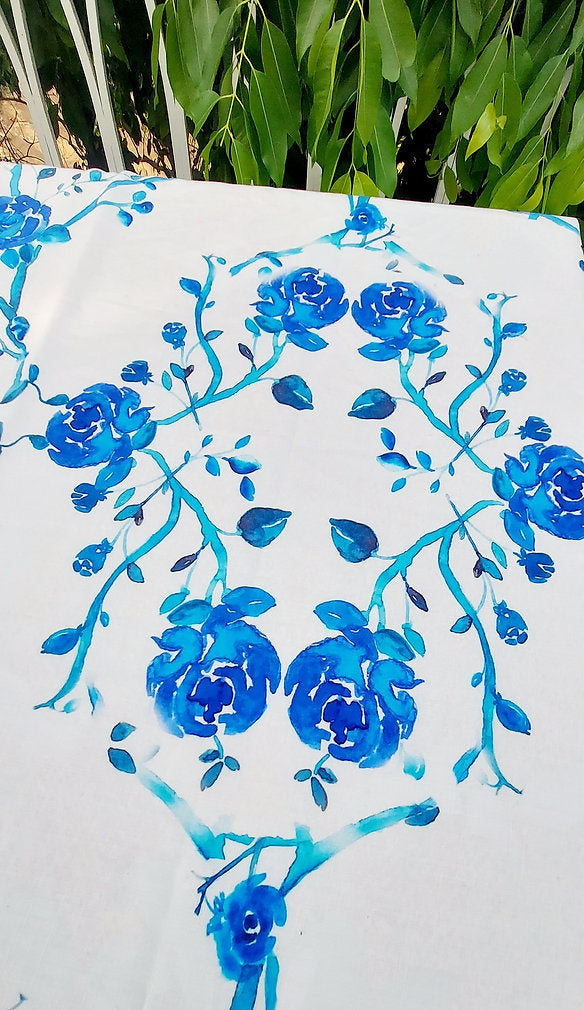 White & Blue Rose Tablecloth | GOTS Certified Organic Cotton | Various Sizes