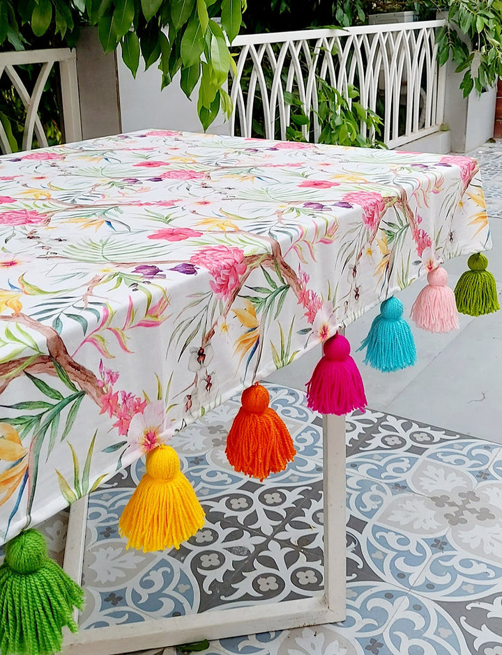 Tropical Floral Print Tablecloth | GOTS Certified Organic Cotton | Various Sizes