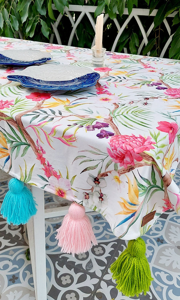 Tropical Floral Print Tablecloth | GOTS Certified Organic Cotton | Various Sizes