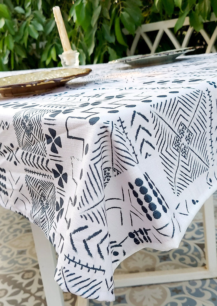 White & Blue Geometric Tablecloth | GOTS Certified Organic Cotton | Various Sizes