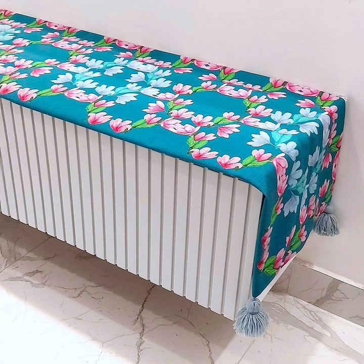 Teal Blue Floral Table Runner | Organic Linen | Tassel Trim | 92-305cm