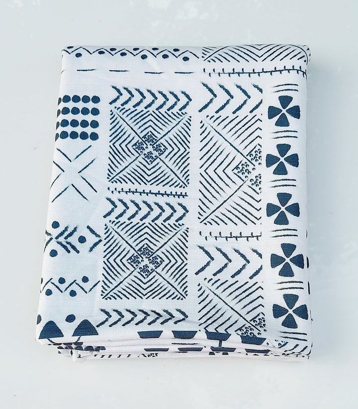 White & Blue Geometric Tablecloth | GOTS Certified Organic Cotton | Various Sizes