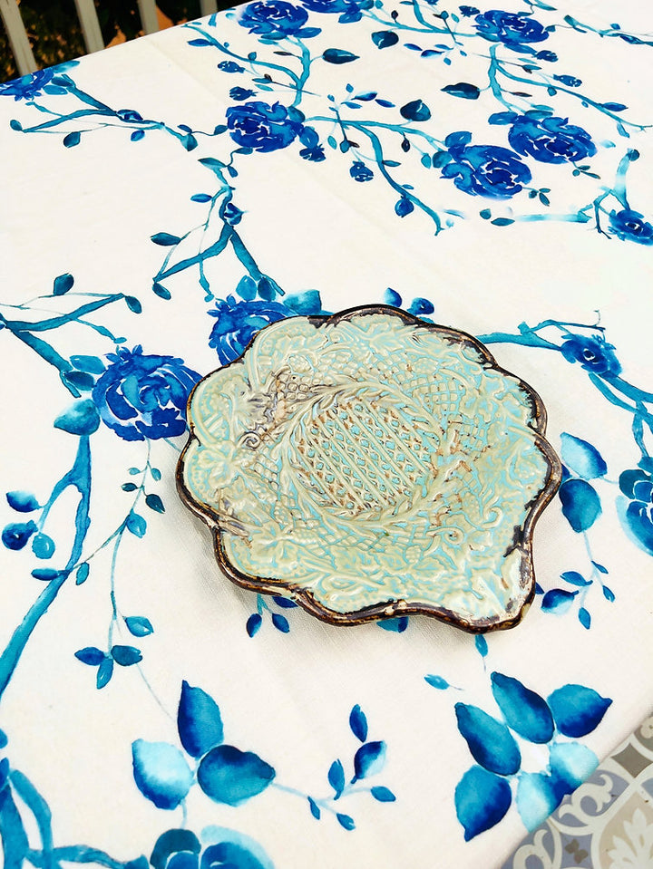 White & Blue Rose Tablecloth | GOTS Certified Organic Cotton | Various Sizes