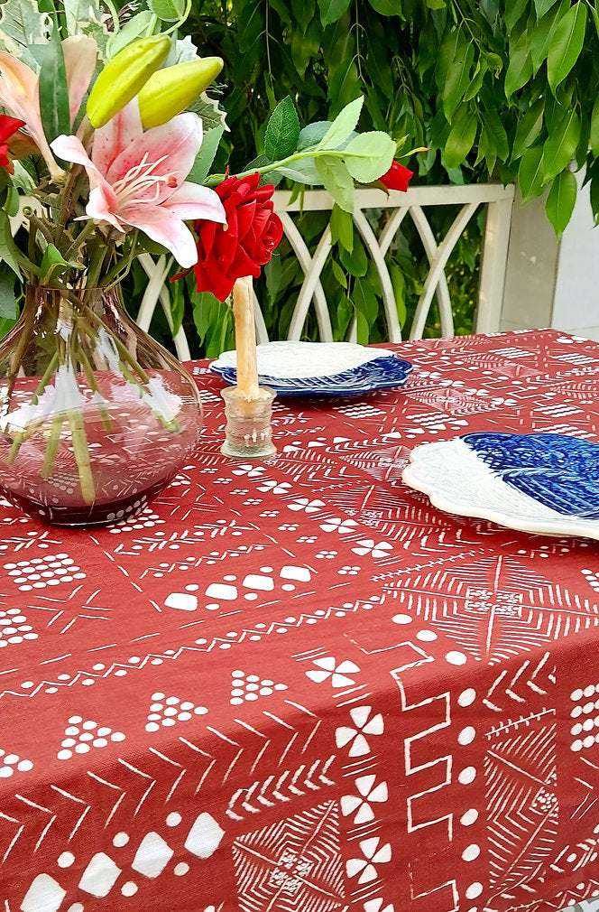 Red Geometric Print Tablecloth | GOTS Certified Organic Cotton | Various Sizes