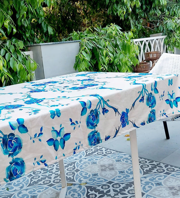 White & Blue Rose Tablecloth | GOTS Certified Organic Cotton | Various Sizes