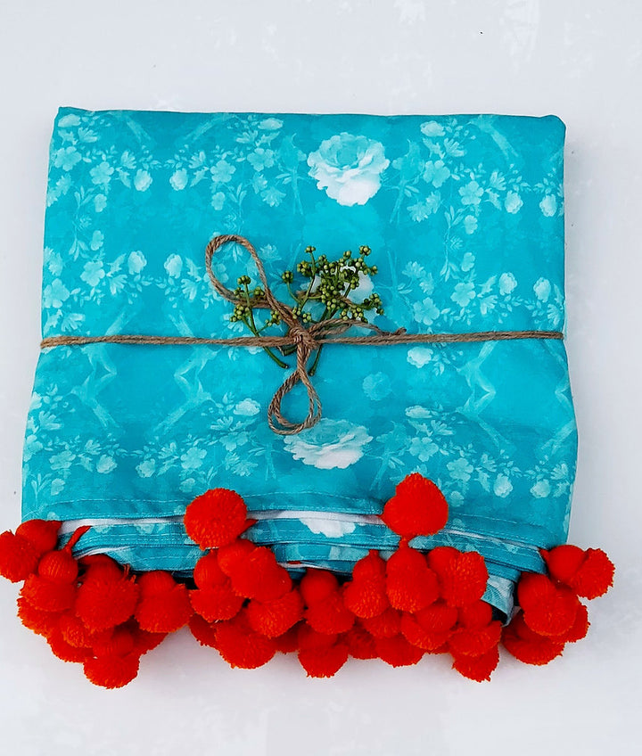 Turquoise Floral Pom-Pom Tablecloth | GOTS Certified Organic Cotton | Various Sizes