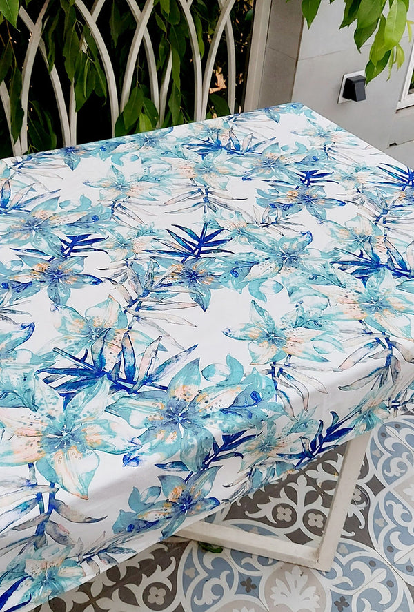 Blue Lily Print Tablecloth | GOTS Certified Organic Cotton | Various Sizes