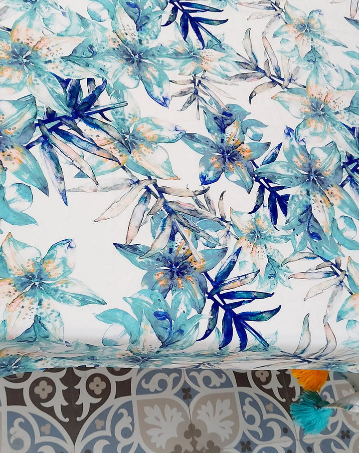 Blue Lily Print Tablecloth | GOTS Certified Organic Cotton | Various Sizes