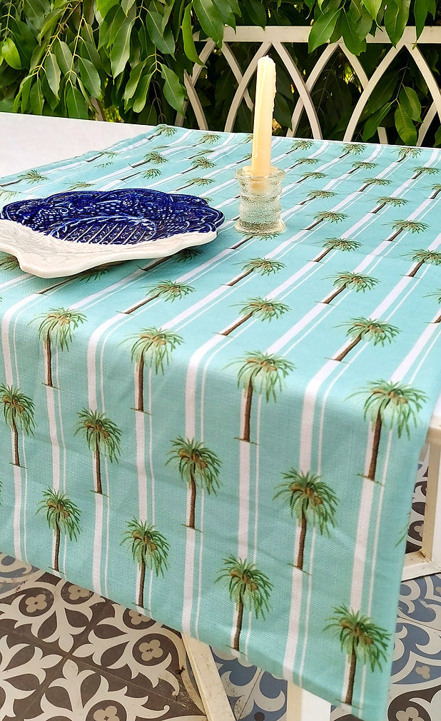 Aqua Palm Tree Print Tablecloth | GOTS Certified Organic Cotton | Various Sizes