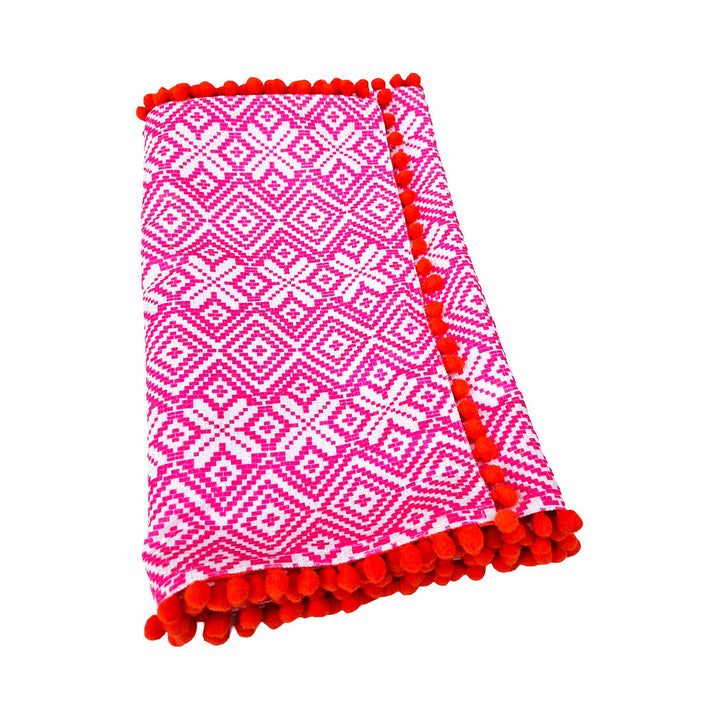 Organic Cotton Table Runner | Aztec Geometric Pattern | Pom Pom Trim | 92-305cm