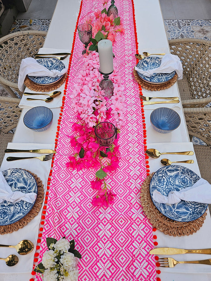 Organic Cotton Table Runner | Aztec Geometric Pattern | Pom Pom Trim | 92-305cm