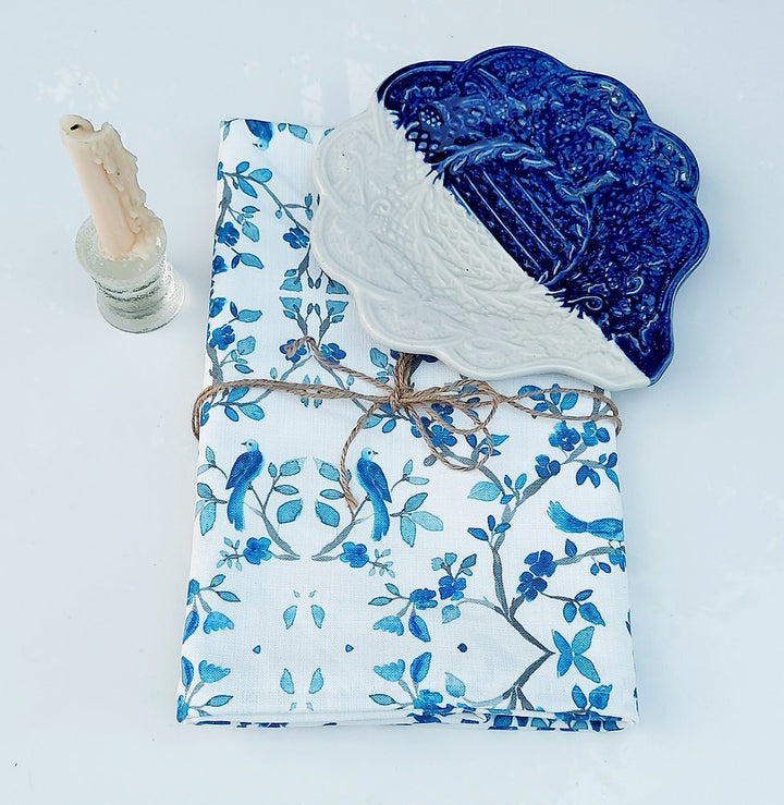 Blue Bird & Branch Print Tablecloth | GOTS Certified Organic Cotton | Various Sizes