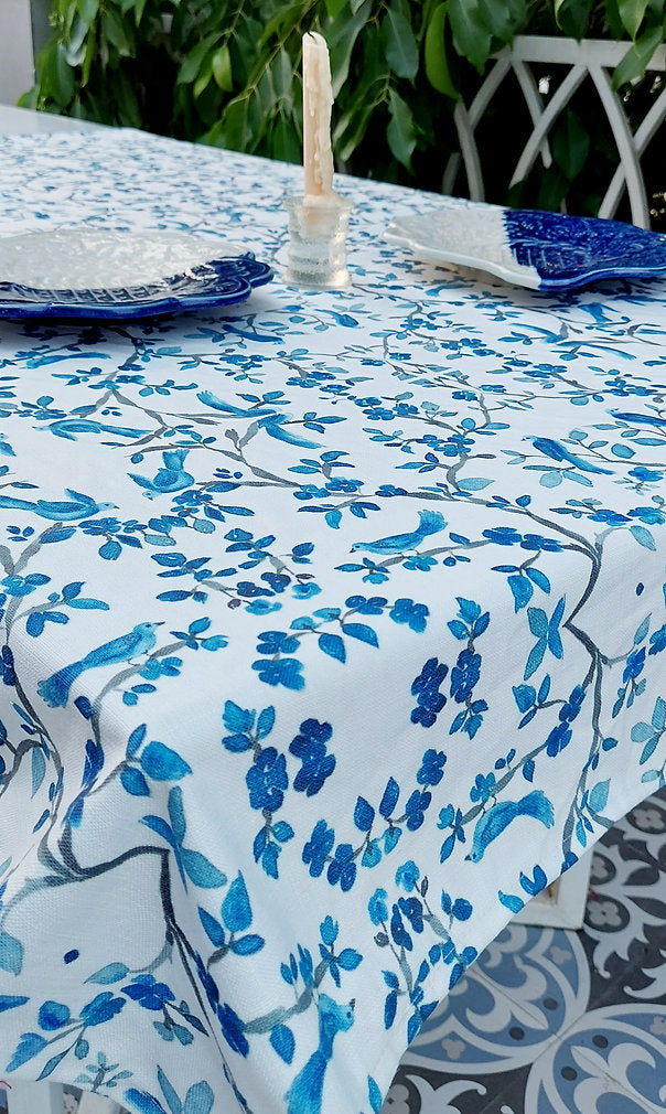 Blue Bird & Branch Print Tablecloth | GOTS Certified Organic Cotton | Various Sizes