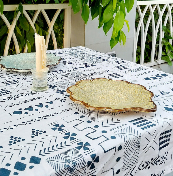 White & Blue Geometric Tablecloth | GOTS Certified Organic Cotton | Various Sizes
