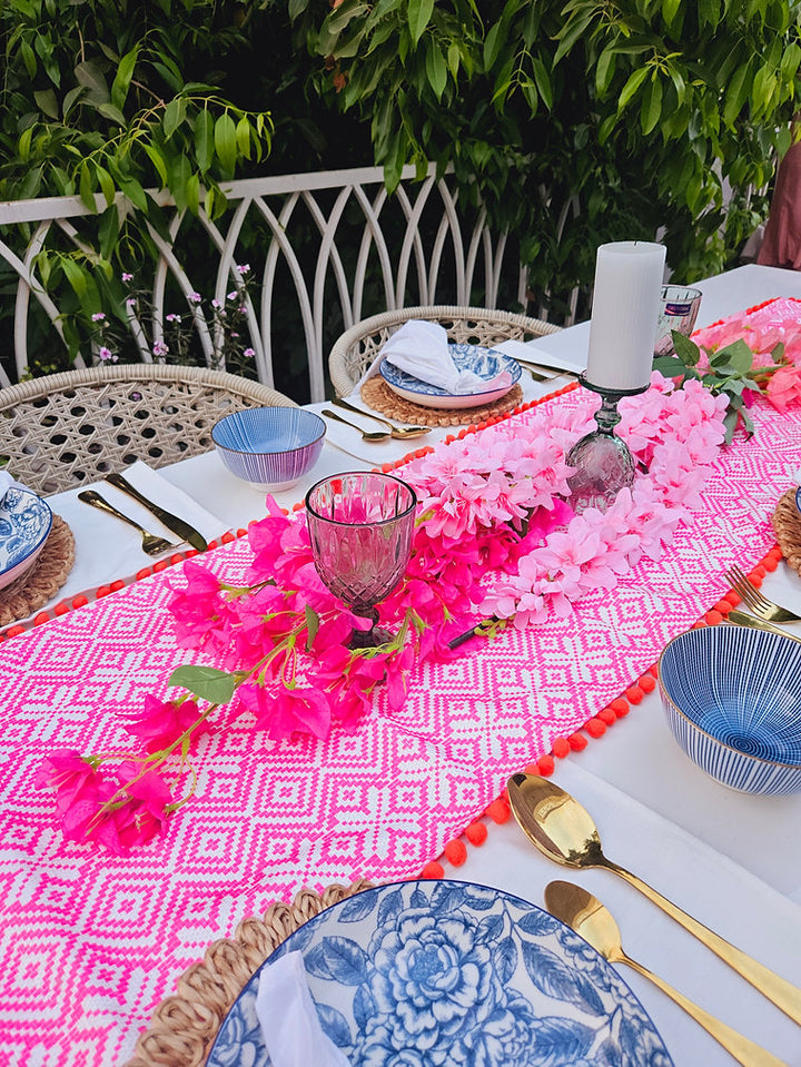 Organic Cotton Table Runner | Aztec Geometric Pattern | Pom Pom Trim | 92-305cm