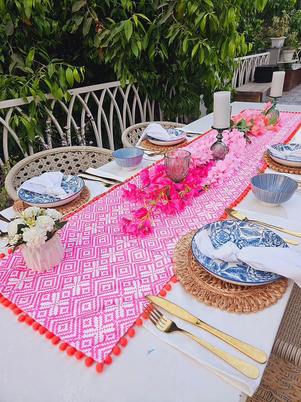 Organic Cotton Table Runner | Aztec Geometric Pattern | Pom Pom Trim | 92-305cm