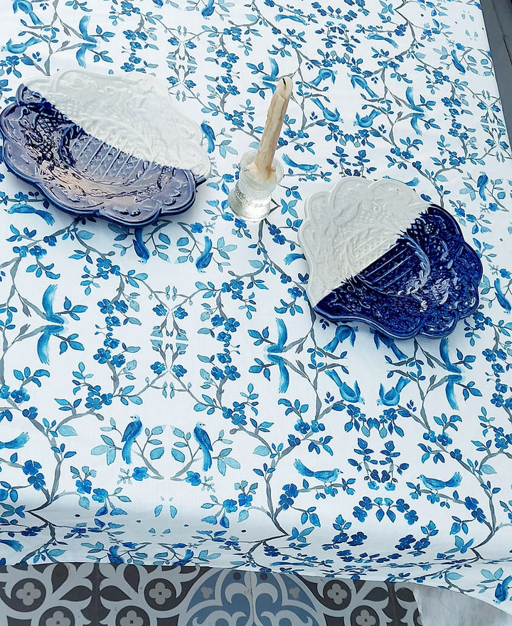 Blue Bird & Branch Print Tablecloth | GOTS Certified Organic Cotton | Various Sizes