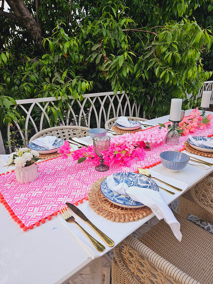 Organic Cotton Table Runner | Aztec Geometric Pattern | Pom Pom Trim | 92-305cm