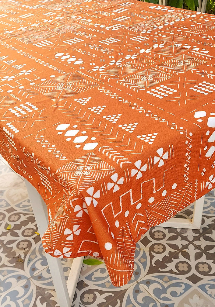 Rust Orange Geometric Pattern Tablecloth | GOTS Certified Organic Cotton | Various Sizes