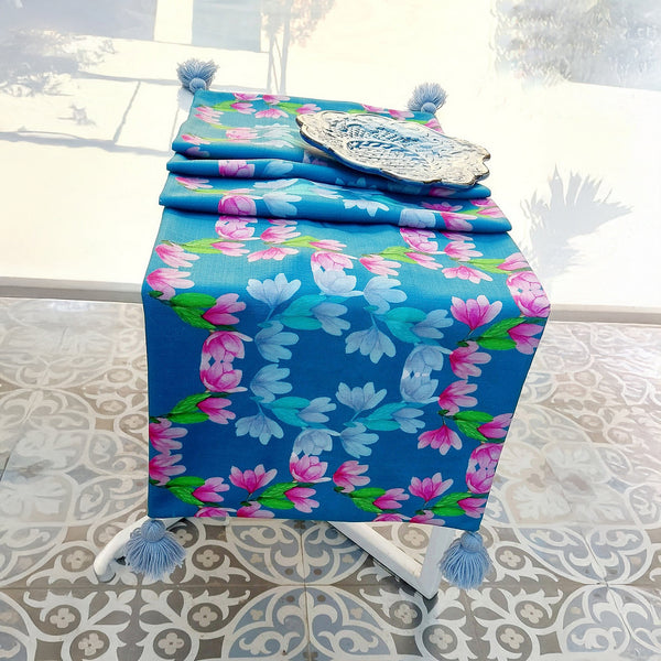 Teal Blue Floral Table Runner | Organic Linen | Tassel Trim | 92-305cm