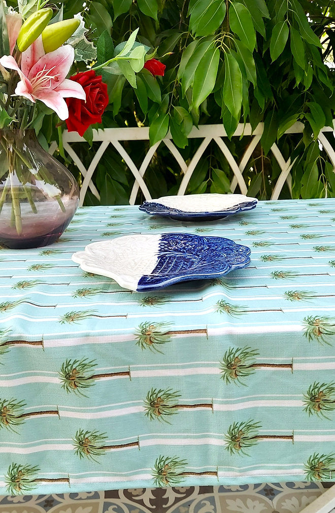 Aqua Palm Tree Print Tablecloth | GOTS Certified Organic Cotton | Various Sizes