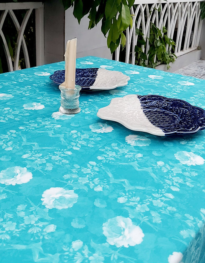 Turquoise Floral Pom-Pom Tablecloth | GOTS Certified Organic Cotton | Various Sizes