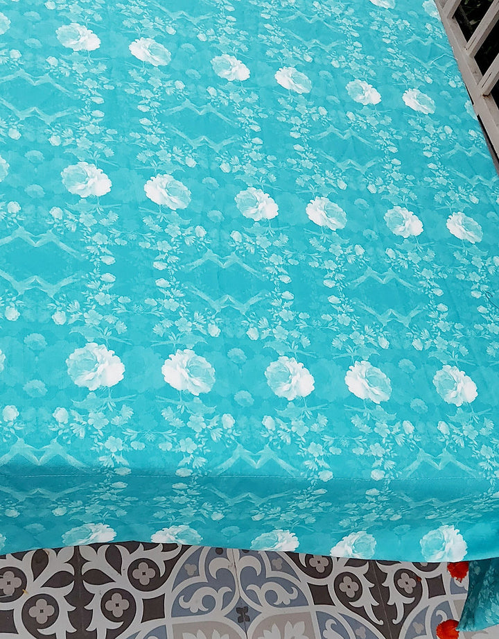 Turquoise Floral Pom-Pom Tablecloth | GOTS Certified Organic Cotton | Various Sizes
