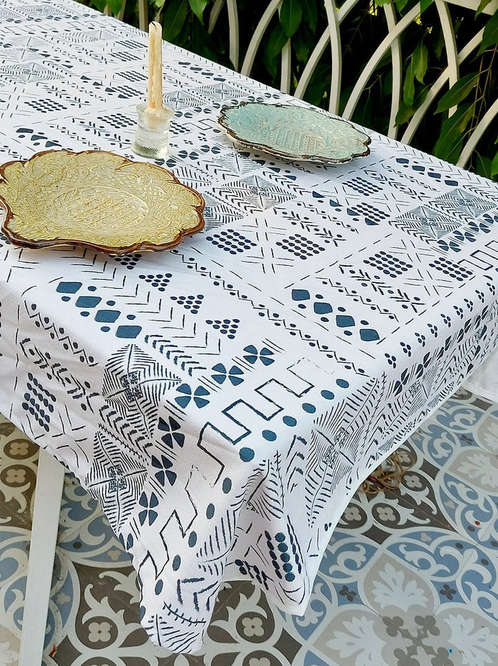 White & Blue Geometric Tablecloth | GOTS Certified Organic Cotton | Various Sizes
