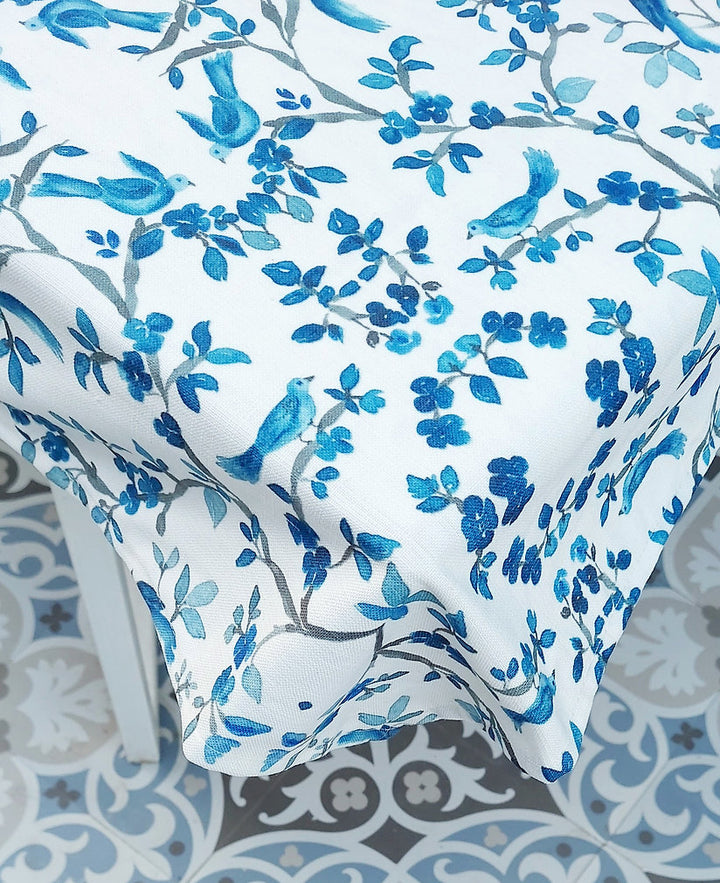Blue Bird & Branch Print Tablecloth | GOTS Certified Organic Cotton | Various Sizes