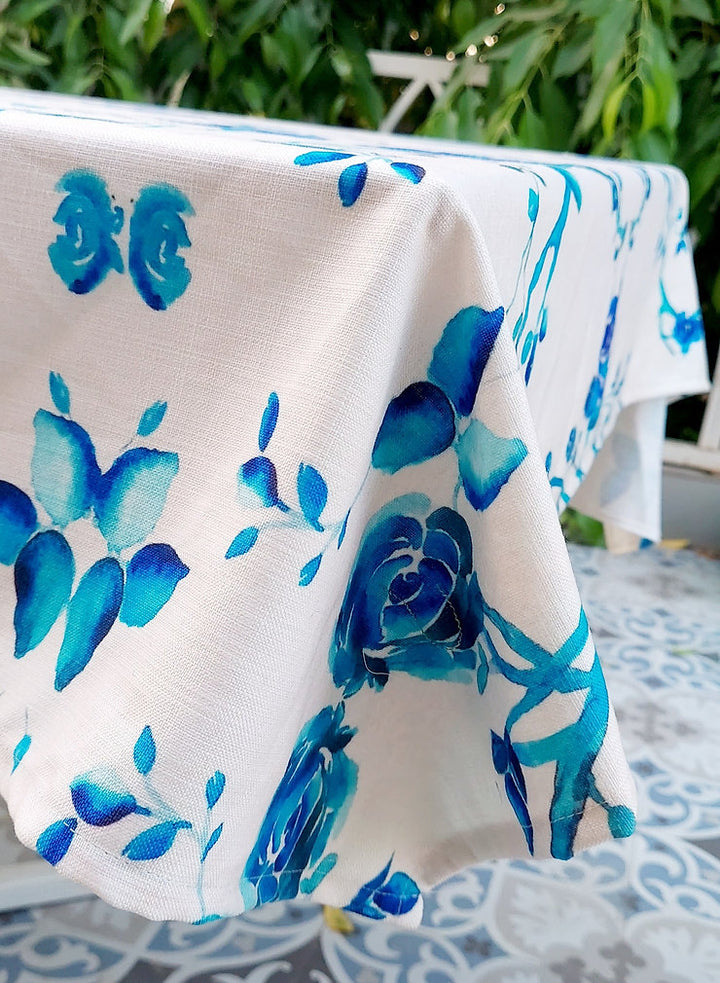 White & Blue Rose Tablecloth | GOTS Certified Organic Cotton | Various Sizes