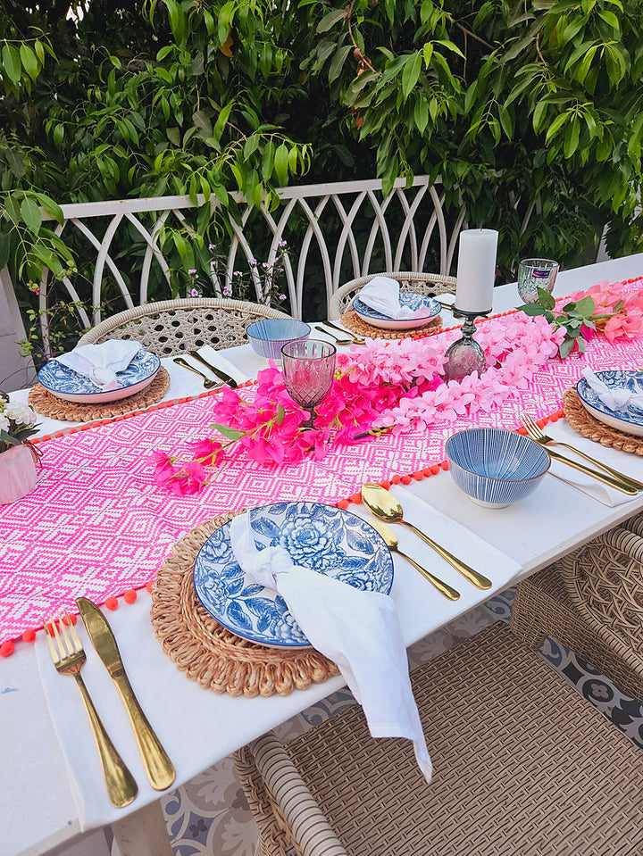 Organic Cotton Table Runner | Aztec Geometric Pattern | Pom Pom Trim | 92-305cm