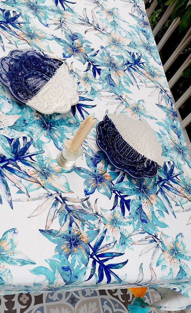Blue Lily Print Tablecloth | GOTS Certified Organic Cotton | Various Sizes