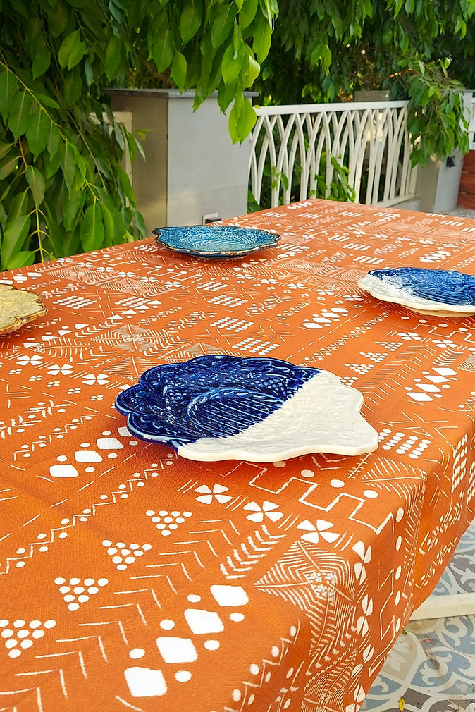 Rust Orange Geometric Pattern Tablecloth | GOTS Certified Organic Cotton | Various Sizes