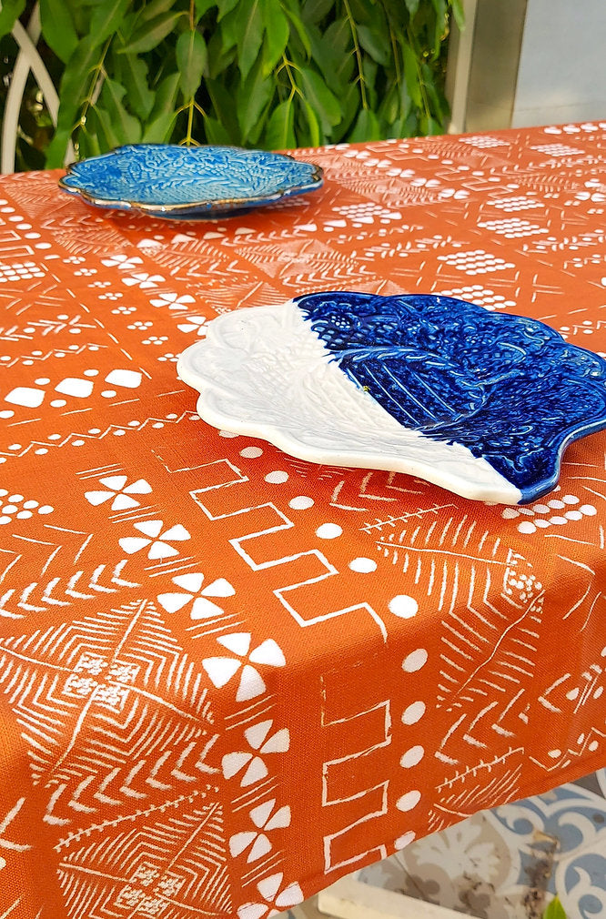 Rust Orange Geometric Pattern Tablecloth | GOTS Certified Organic Cotton | Various Sizes